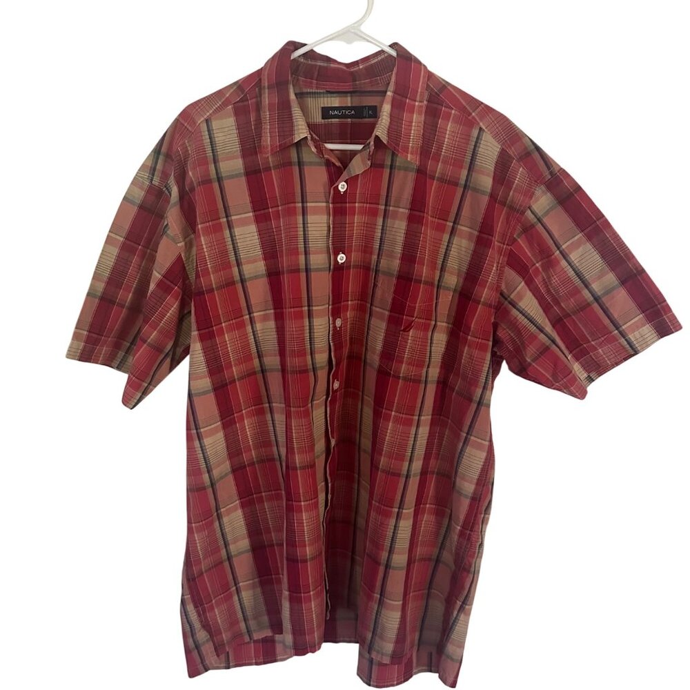 Nautica red and brown plaid short sleeve button up shirt size XL - Picture 5 of 7